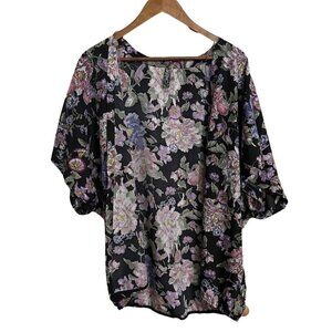 FCNY Women's Black Floral Open Front Short Sleeve Kimono Size Small